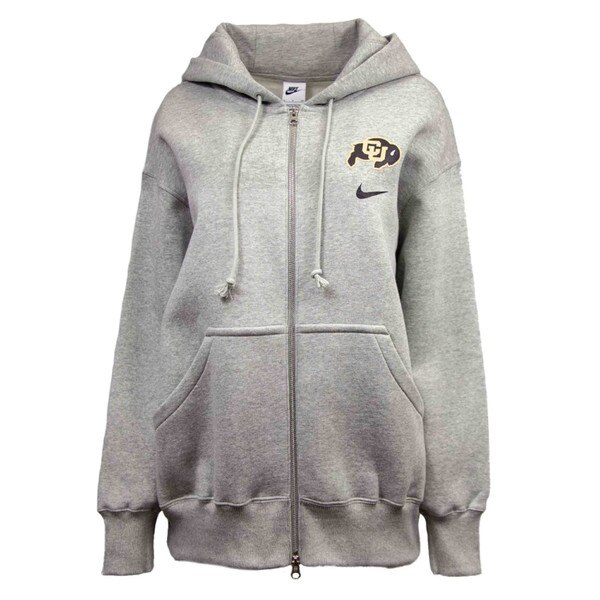 A gray full zip with the CU Buffalo logo printed in the left corner chest. The Nike Swoosh is printed below the Buffalo logo in black, and there are two front pockets on either side of the zipper.